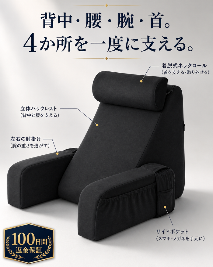 Recline Pro™ | ベッドで読書・スマホがラクになる背もたれクッション｜肘掛け・ネックロール付き