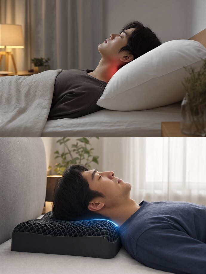 従来の枕とAirflow Gelの圧力分散の比較
