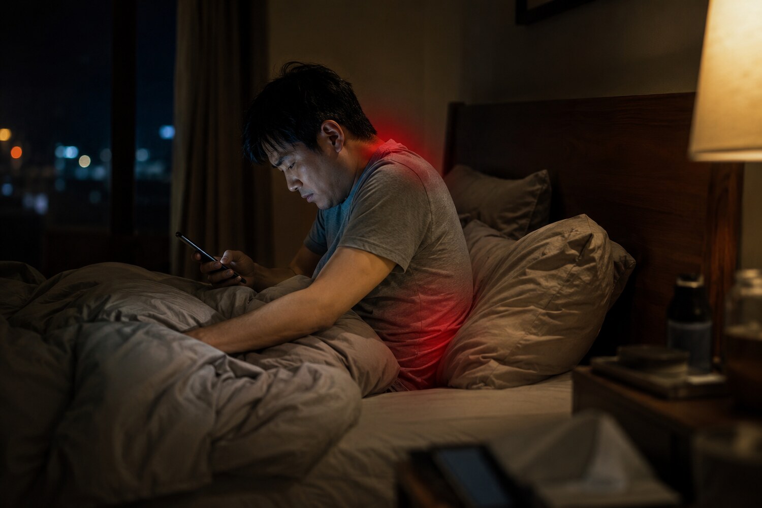 ベッドで枕を積み、背中と腰がつらそうな様子